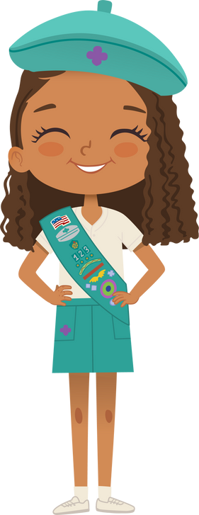 Smiling African American girl scout wearing sash with badges isolated on white background. Junior ligue Scout Girls troop